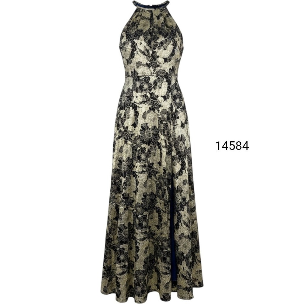 Betsy Adam Gown Womens 14 Gold Blue Floral Metallic Halter Maxi Dress Excellent